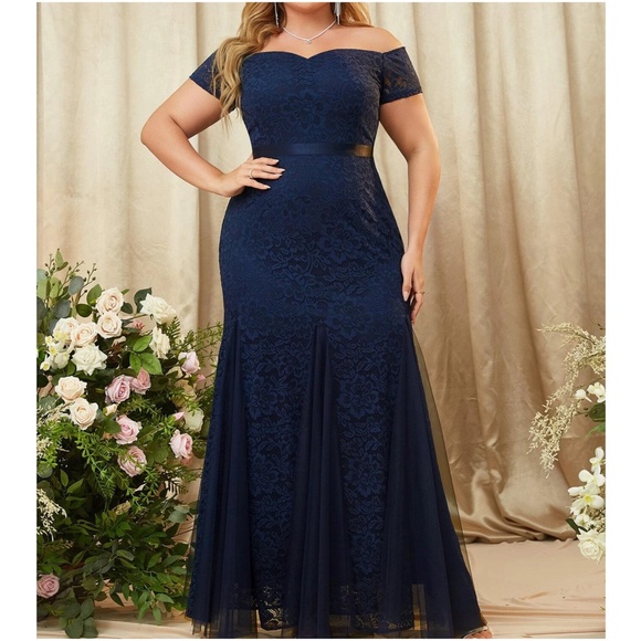 Plus Floral Lace Off Shoulder Formal Evening Wedding Maxi Dress - Picture 5 of 10